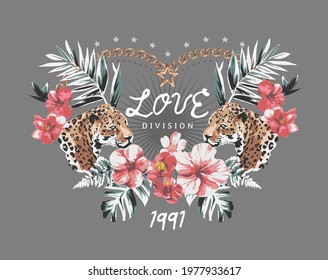 love division slogan in wild leopard and exotic flowers frames vector illustration