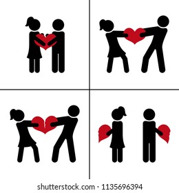 From love to divorce. Couple with broken heart. Relationship concept. Vector silhouettes.