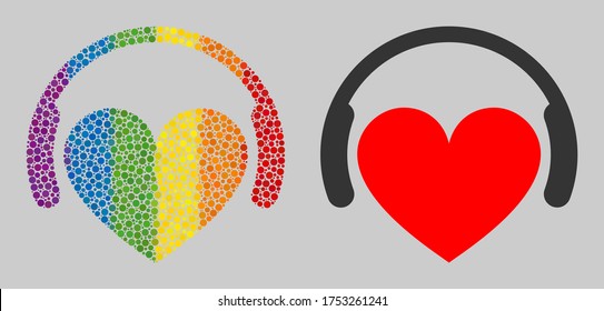 Love dj composition icon of round items in different sizes and spectrum colored shades. A dotted LGBT-colored Love dj for lesbians, gays, bisexuals, and transgenders. Vector icon in LGBT flag colors.