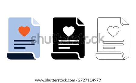 Love document, heart file, wishlist, favorite list, and letter icon set in solid, line, and colourful styles