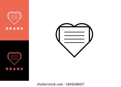 Logotipo del documento de amor. Documento o letra de papel en forma de corazón, concepto de diseño de arte de línea, diseño moderno sencillo y minimalista de logotipo. 