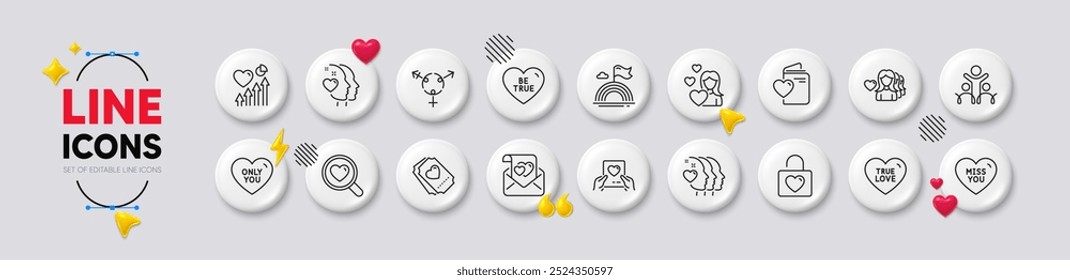 Documento de amor, verdadero amor y Boda locker línea iconos. Iconos 3d de Botones blancos. Pack de corazón, latido del corazón, icono Lgbt. Inclusión, Ser verdad, Géneros pictograma. Solo tú, pareja de amigos, te extraño. Vector