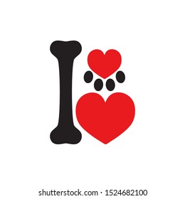 I love dog, cat concept. Heart, paw print and bone. Pet care symbol. White background. Vector