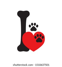 I love dog, cat. Heart, paw print and bone. Pet care symbol. White background. Vector