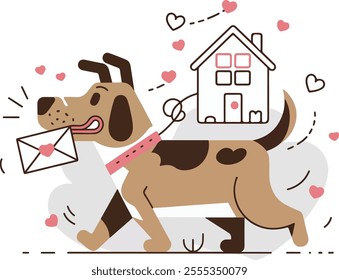 Love dog and hearts for valentine's day. Vector cartoon doodle illustration
