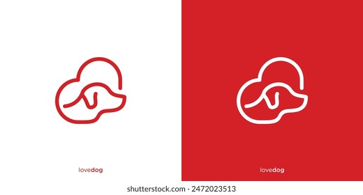 Love Dog Logo Designs. Abstract Love and Dog Head with Linee art Outline Style. Pet Care Logo, Icon, Symbol, Vector, Design Template.