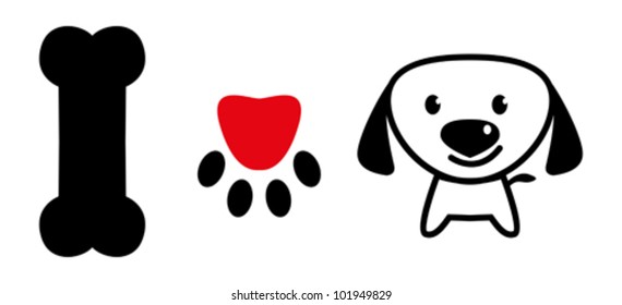 I love dog message showing bone, pup paw with love symbol and a cute puppy