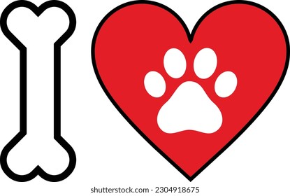 Love dog sign . I love text with red heart, paw print and dog bone