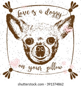 Love is a doggy on your pillow, drawn card and lettering calligraphy motivational quote for dog lovers and typographic design. Cute, friendly, smiling, inspirational doggy with hearts and sparkle. 
