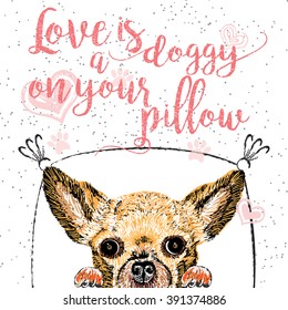 Love is a doggy on your pillow, love quote about dogs. Vector outstanding lettering, calligraphy, motivational typography card. Cute, friendly, smiling, inspirational puppy with hearts and sparkle.