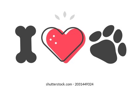 I love dogs concept. Love for pet clip art with heart and paw. Isolated vector image.