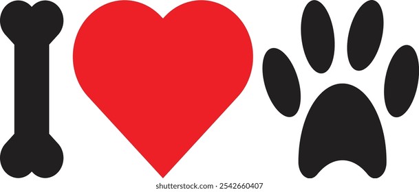 I love dogs icon. red heart with dog bone ,heart and paw print . I love animals . I love pet. Vector Illustration
