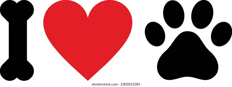 I love dogs icon vector and dog bone  heart   paw print   I love animals (dogs)  I love my pet 