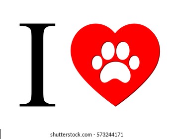 I love dogs logo. I Love My Dog Text With Red Heart Paw Print. Raster Illustration Isolated on white