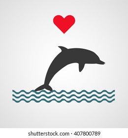 Love dolphin vector icon, love nature symbol with red heart. Jumping dolphin sign