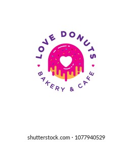 Love Donut logo. Bakery and donuts cafe emblem. Pink Donut with heart logo. A beautiful Donut with cream and small candies. Japanese style.