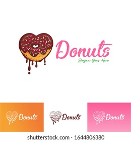 Love Donuts and logo Cafe or bakery emblem Bitten Donuts with lettering and small candies Monochrome option with Choholate cream for topping Cute donut with colored doodle style