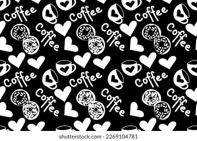 СOFFEE, LOVE AND DONUTS SEAMLESS VECTOR PATTERN FOR DESIGN AND DECORATION IN DEFFERENT WAYS