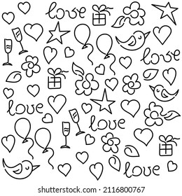 Love doodle background. Words Love, hearts and other. Black and white. Hand drawing Vector illustration.