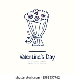 Love doodle bouquet icon isolated on white, hand drawn vector illustration. Happy Valentine's Day. Concept for card, children print, social media post