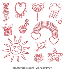 Love Doodle Collection. A set of hand drawn elements, red contour isolated on a white background. For Valentine s, weddings and anniversaries design, invitations, greeting cards, stickers and more