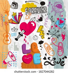 Love doodle drawing collection.Hand drawn vector doodle illustrations in colorful cartoon style.