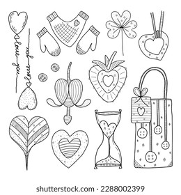 Me encantan los elementos del doodle. Conjunto de iconos cuidadosamente dibujado a mano. Ilustración vectorial. Diseño para impresiones, postales y libros de coloreado S