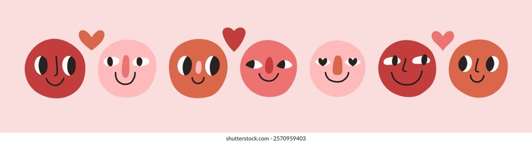 Love doodle face set. Groovy lovely funny faces stickers. Love concept. Happy Valentines day. Vector illustration