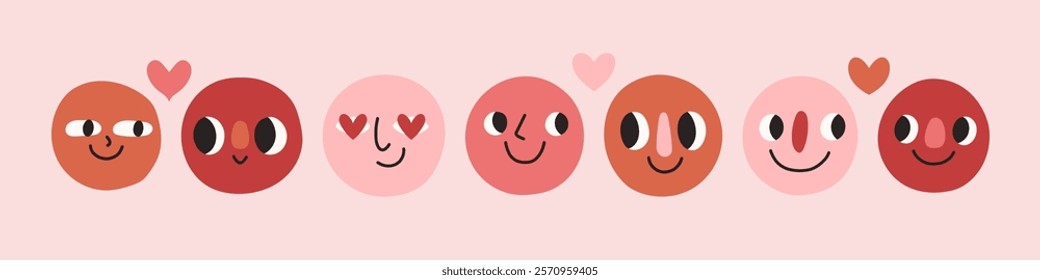 Love doodle face set. Groovy lovely funny faces stickers. Love concept. Happy Valentines day. Vector illustration