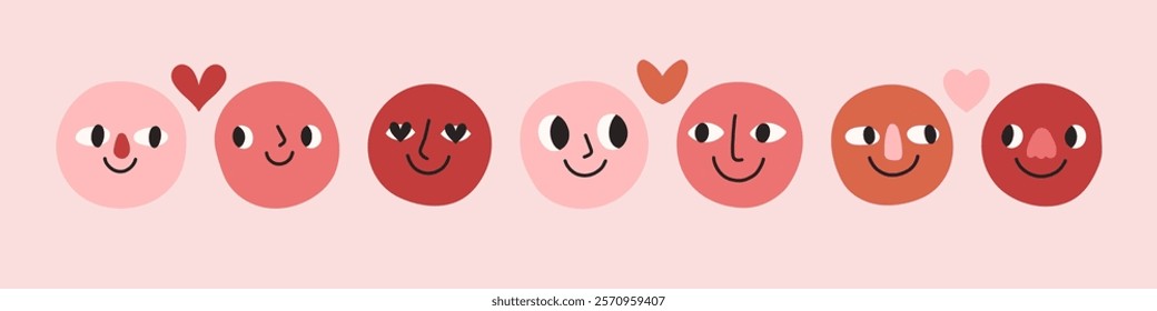 Love doodle face set. Groovy lovely funny faces stickers. Love concept. Happy Valentines day. Vector illustration