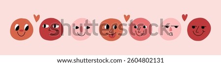Love doodle face set. Groovy lovely funny faces stickers. Love concept. Happy Valentines day. Vector stock illustration. 