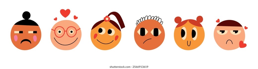 Love doodle face set. Round abstract comic faces with various emotions. Different colorful characters. Flat design. Groovy lovely funny faces stickers. Love concept. Happy Valentines day. Vector.