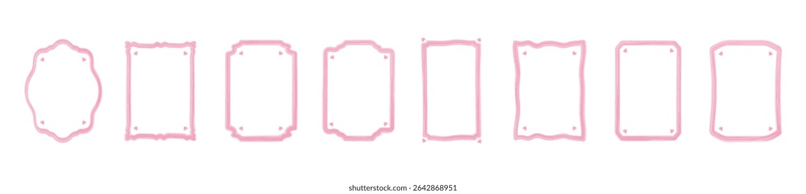 Love doodle frame set with hand-drawn pink hearts, romantic shield, and elegant watercolor style—minimalist Valentine’s or wedding card design, perfect for coquette love-themed invitations and prints.