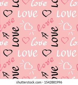 Love. Doodle hand drawing seamless pattern on pink background . White and black Words, hearts, arrows, Vector illustration