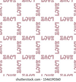 Love. Doodle hand drawing seamless pattern on pink background . White and black Words, hearts, arrows, Vector illustration