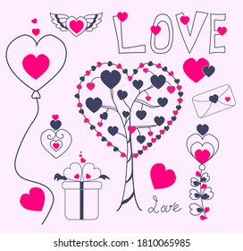 Liebesdoodle. Hand Vektorgrafik Liebe und Valentinstag. dekorative Elemente Herzen und Liebe Baum, Ballon, Blumen mit Herzen. Für festliche Dekoration und romantisches Design. Einzelelemente 