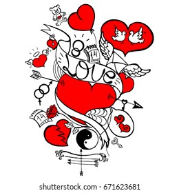 Love Doodle, Happy Valentine's Day Illustration, Bow, Arrows, Hearts, Mars and Venus Symbol, Lock, Keys, Rose Flower, Calendar, Letter with Wings, Two White Pigeons, Hand Drawn Vector EPS 10