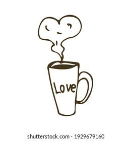 Love doodle icon of cup with steam in shape of heart vector illustration