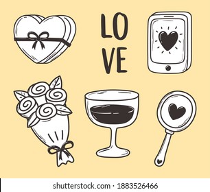 love doodle icon set gift flower mobile mirror decoration vector illustration