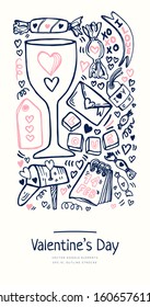 Love doodle icon set isolated on white, hand drawn vector illustration. Happy Valentine's Day. Concept for card, children print, social media post