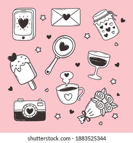 love doodle icon set smartphone mail camera ice cream mirror flowers vector illustration