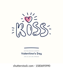 Love doodle kiss text icon isolated on white, hand drawn vector illustration. Happy Valentine's Day. Concept for card, children print, social media post