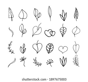 Love doodle leaves and heart cartoon style. Romantic flower vector hand drawn pattern set.