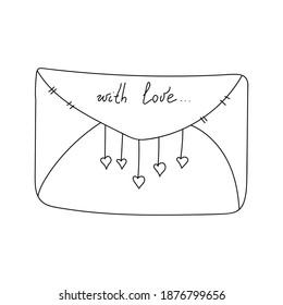 Love doodle letter, envelope with decor from hearts on threads, closed envelope and inscription with love for Valentine's day vector illustration