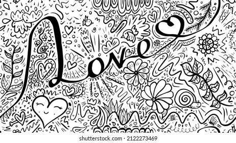 Love doodle pattern with heart shapes and floral