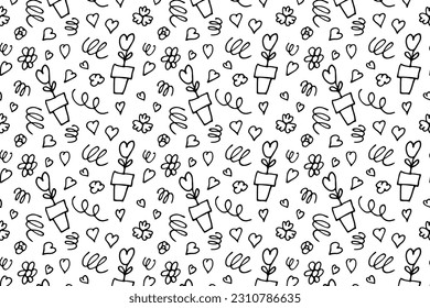 El doodle de amor es un patrón sin fisuras. Flor, elementos de forma cardíaca en estilo de línea sobre fondo blanco. Moderno vector repetido para papel de pared, papel de envoltura, textil, scrapbooking. Resumen de mano libre texturado