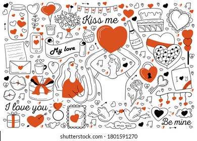 Love doodle set. Collection of hand drawn sketches templates of affectionate couple in love kissing hugging embrace together. Tenderness and positive emotions with heart symbol illustration.