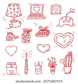 Love Doodle Set. Cozy interior elements in a minimalist hand-drawn style. Bed lamp, laptop, mailbox, picture frame, books, cactus, and more, perfect for home decor, digital design, creative DIY ideas