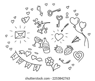 Love doodle set, hand-drawn romantic design elements. Passionate feelings,festive decoration for Valentine's Day, drawing by ink, pen,marker.Isolated.Vector 