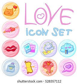 Love doodle set, round cute icons collection, vector